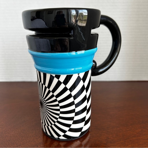 Set of 2 Ceramic Travel Mugs Black and White OP Art Floral - Picture 10 of 16